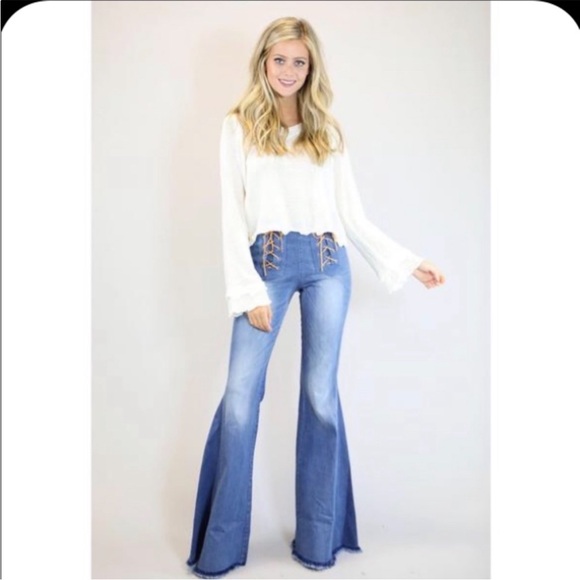 Judith March Denim Jeans S Flare Bell Bottom Leather Lace Up High Rise Boho 70’s - Picture 4 of 13